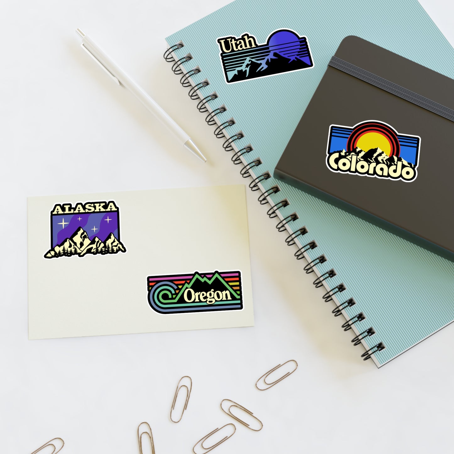 Alaska, Utah, Colorado, Oregon Retro Stickers