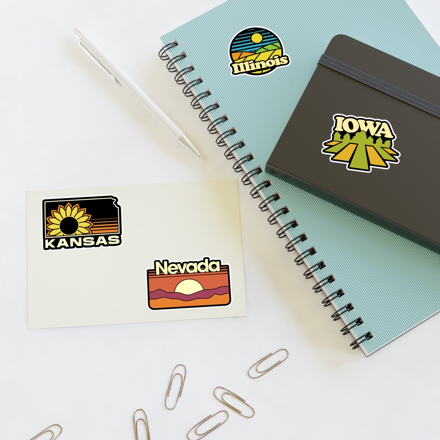 Kansas, Illinois, Iowa, Nevada Retro Stickers