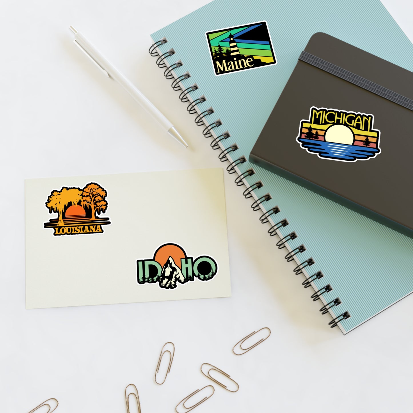Louisiana, Maine, Michigan, Idaho Retro Stickers