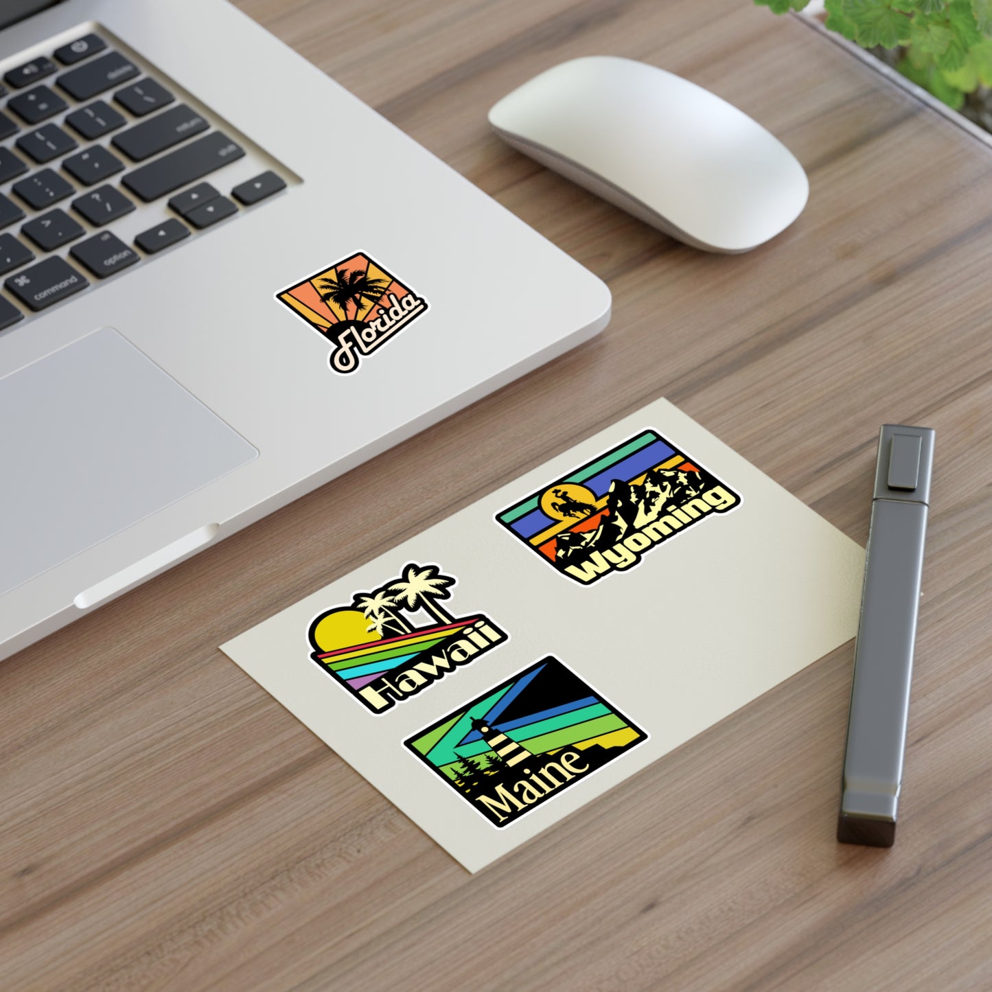 Hawaii, Wyoming, Maine, Florida Retro Stickers