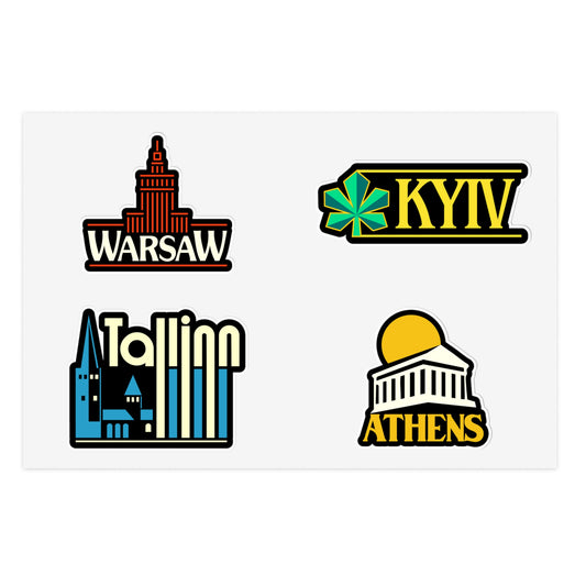 Warsaw, Kyiv, Tallinn, Athens Retro Stickers