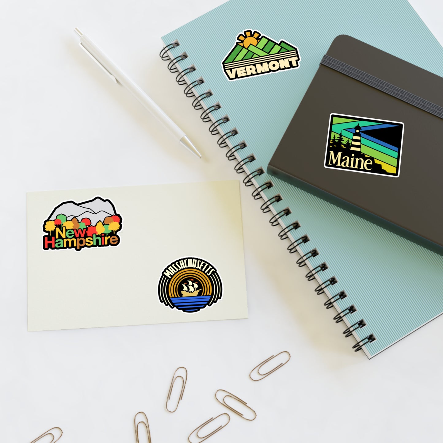 New Hampshire, Vermont, Maine, Massachusetts Retro Stickers