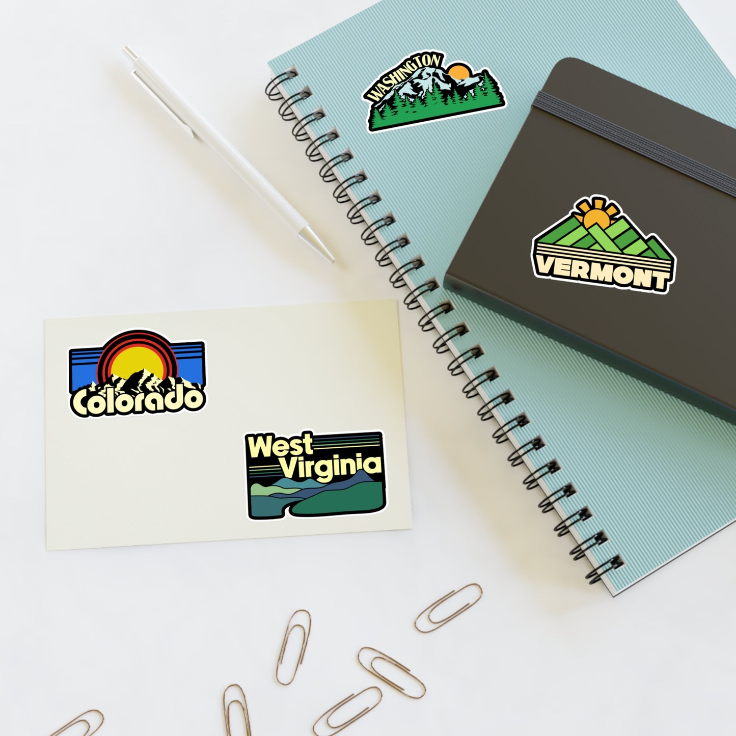 Colorado, Washington, Vermont, West Virginia Retro Stickers