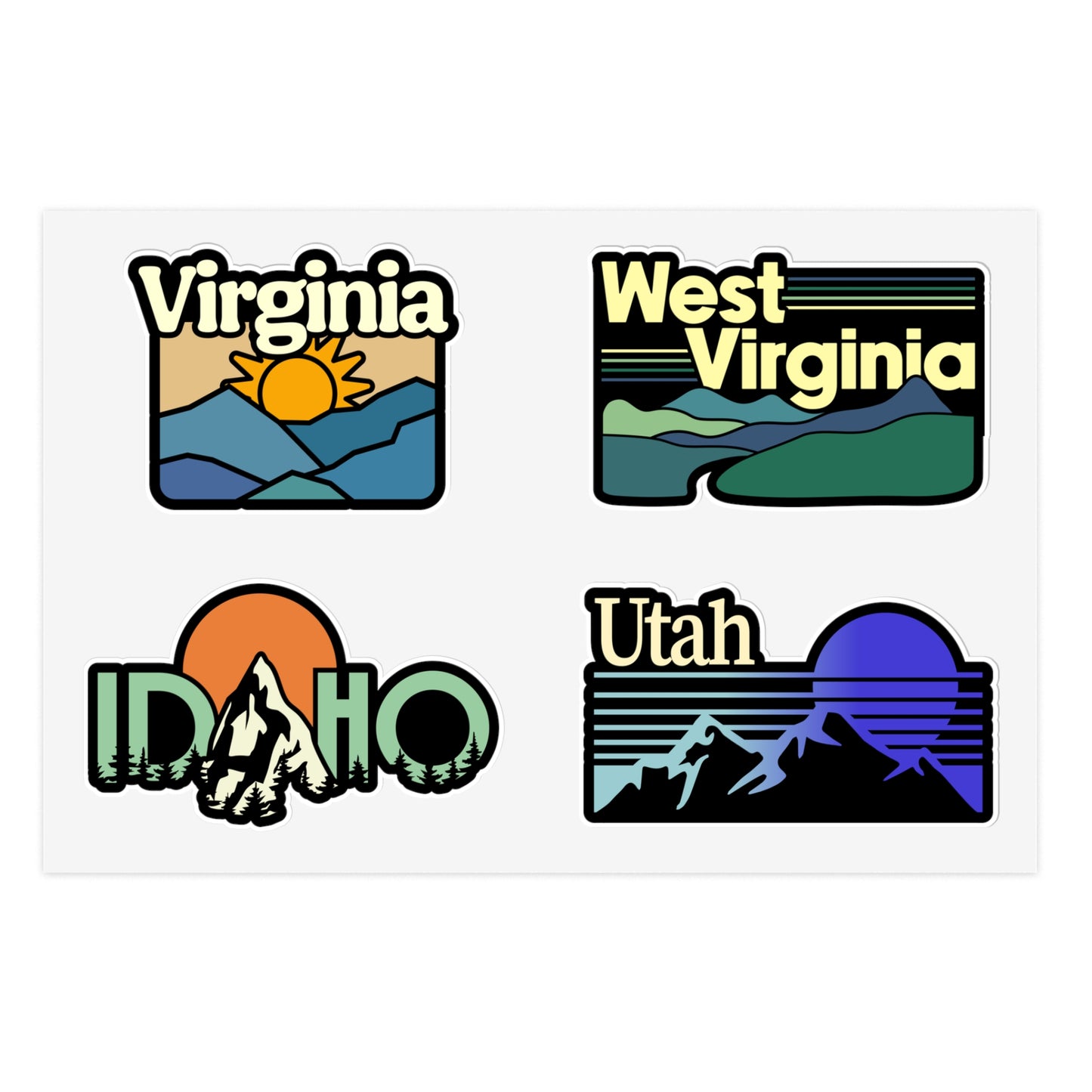 Virginia, West Virginia, Idaho, Utah Retro Stickers