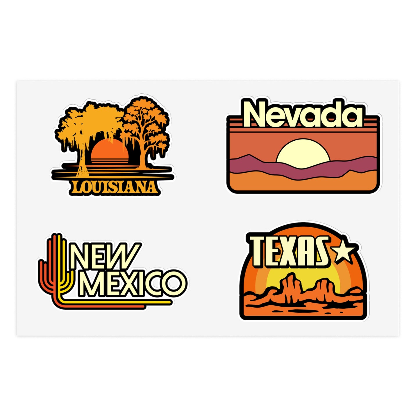 Louisiana, Nevada, New Mexico, Texas Retro Stickers