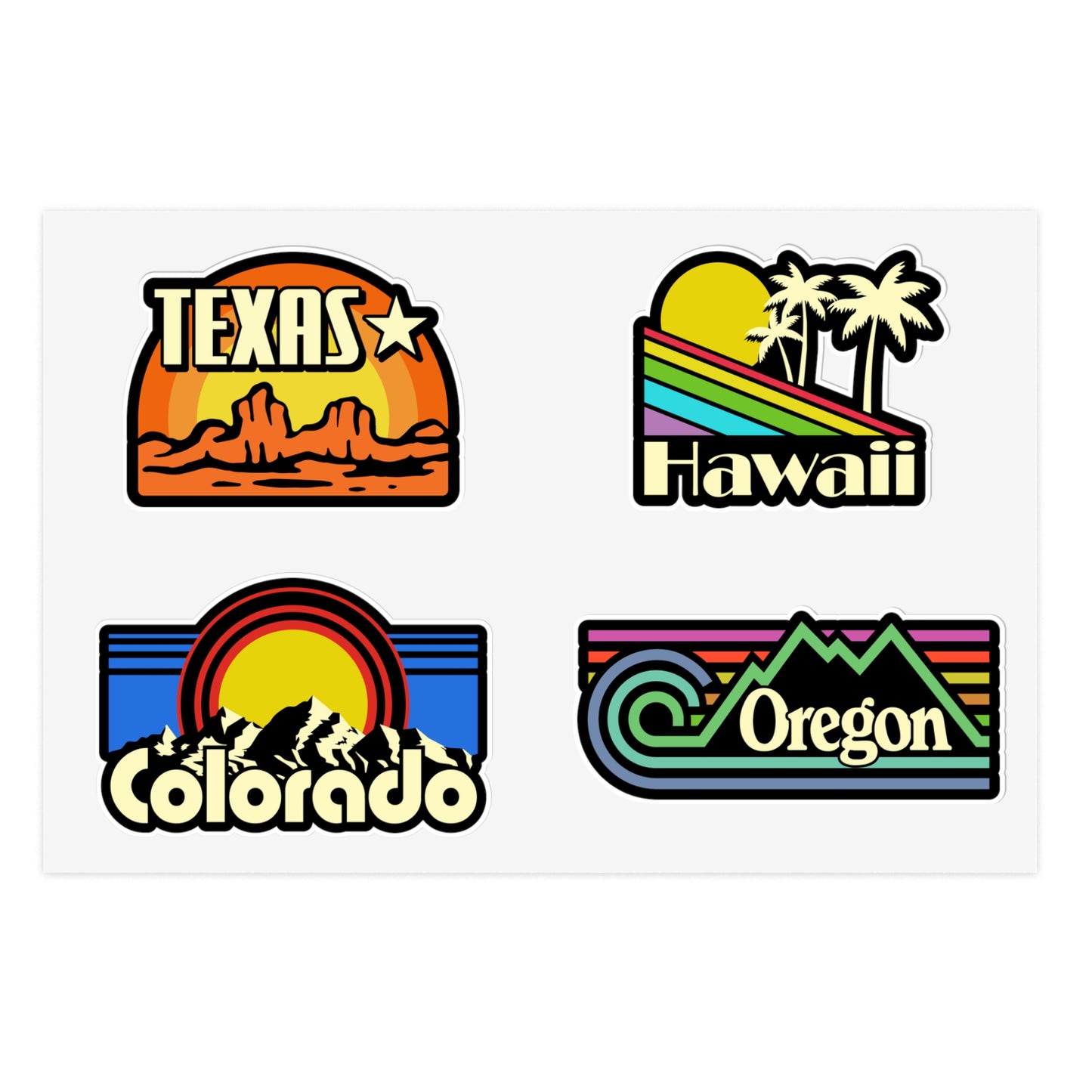 Texas, Hawaii, Colorado, Oregon Retro Stickers