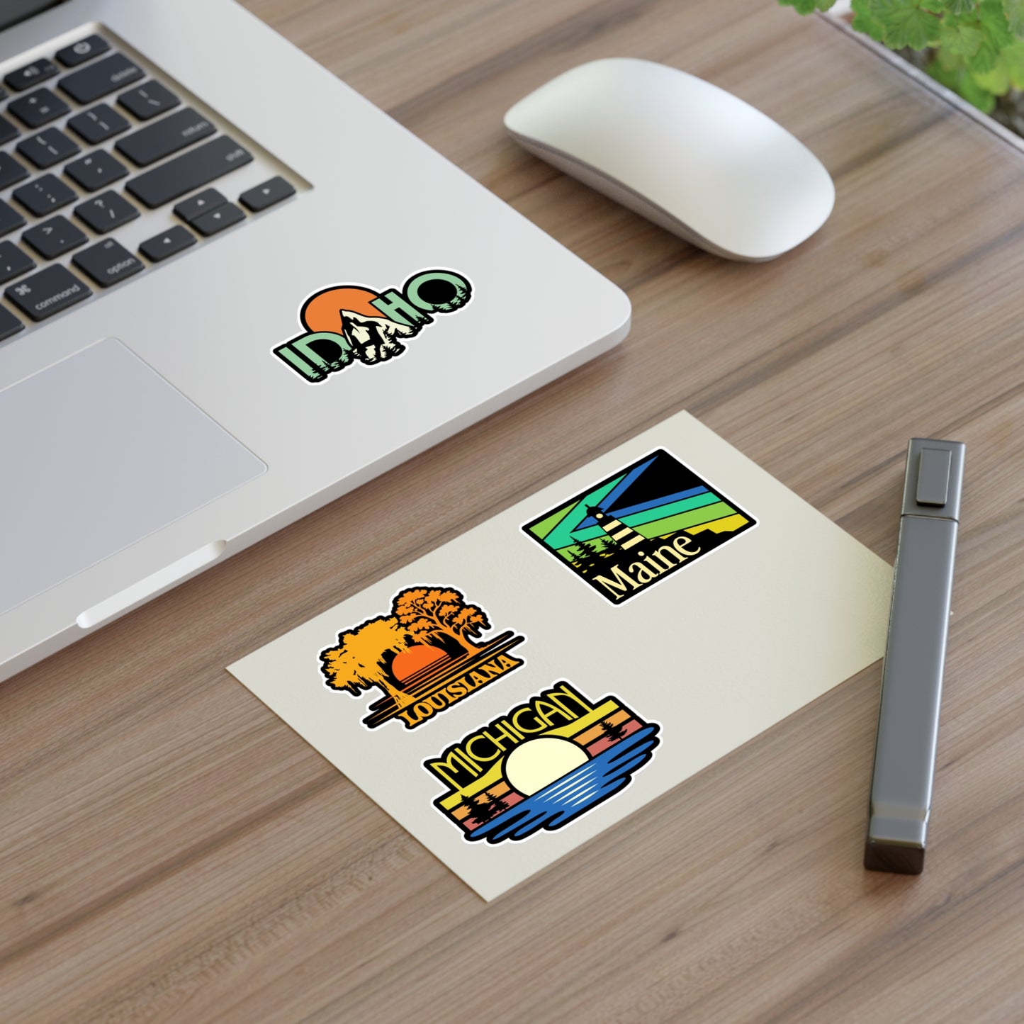 Louisiana, Maine, Michigan, Idaho Retro Stickers