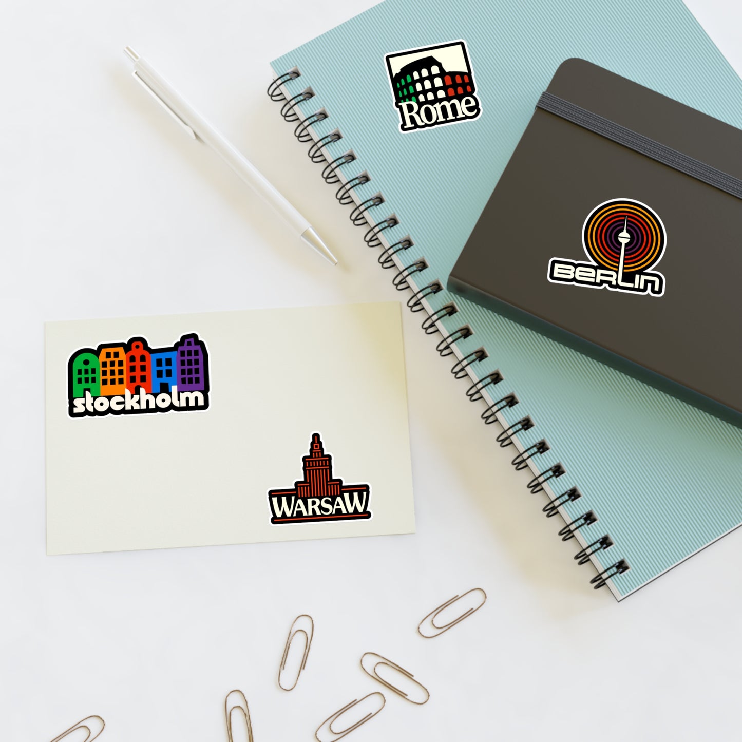Stockholm, Rome, Berlin, Warsaw Retro Stickers