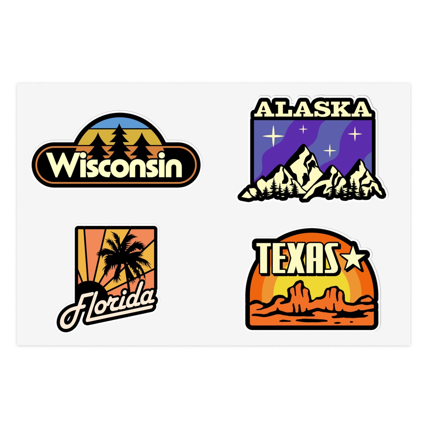 Wisconsin, Alaska, Florida, Texas Retro Stickers