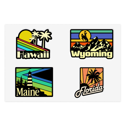 Hawaii, Wyoming, Maine, Florida Retro Stickers
