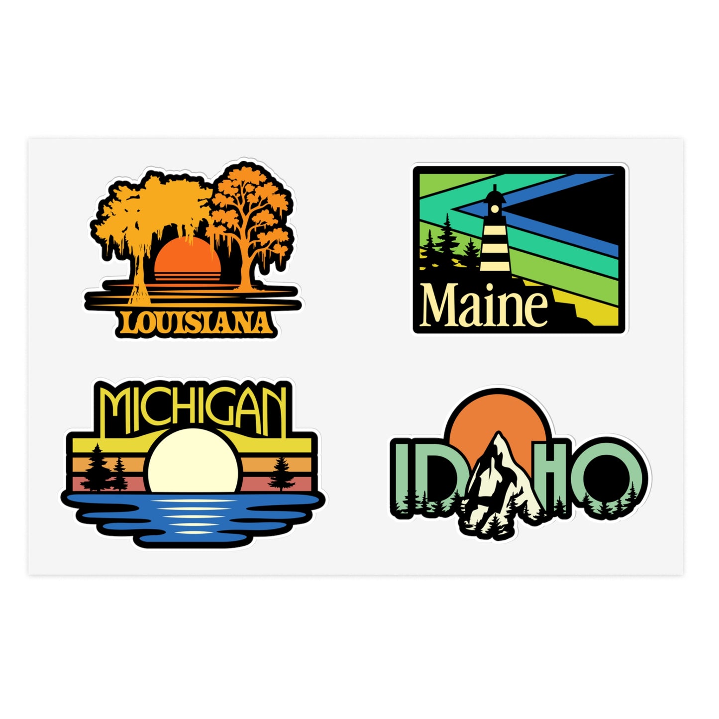 Louisiana, Maine, Michigan, Idaho Retro Stickers