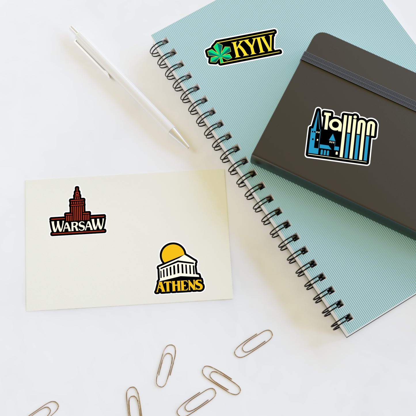 Warsaw, Kyiv, Tallinn, Athens Retro Stickers