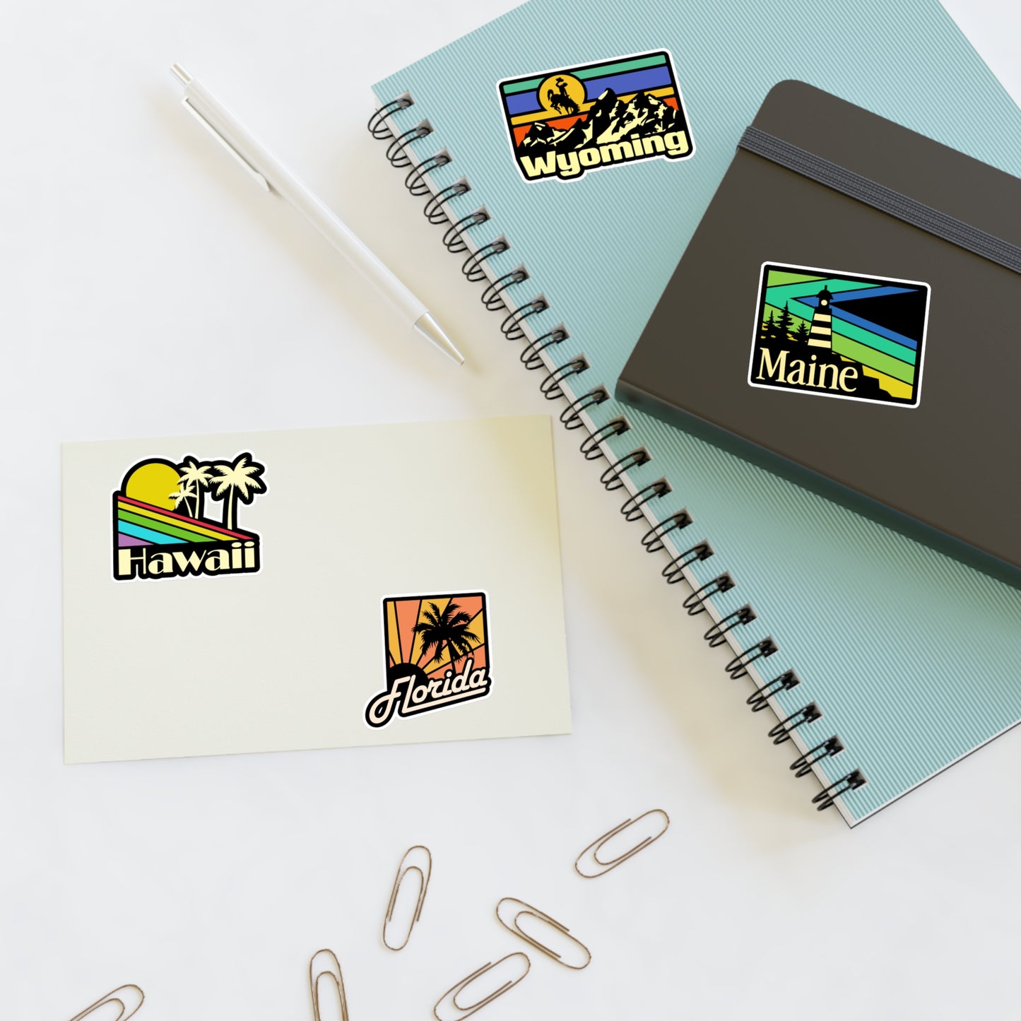 Hawaii, Wyoming, Maine, Florida Retro Stickers