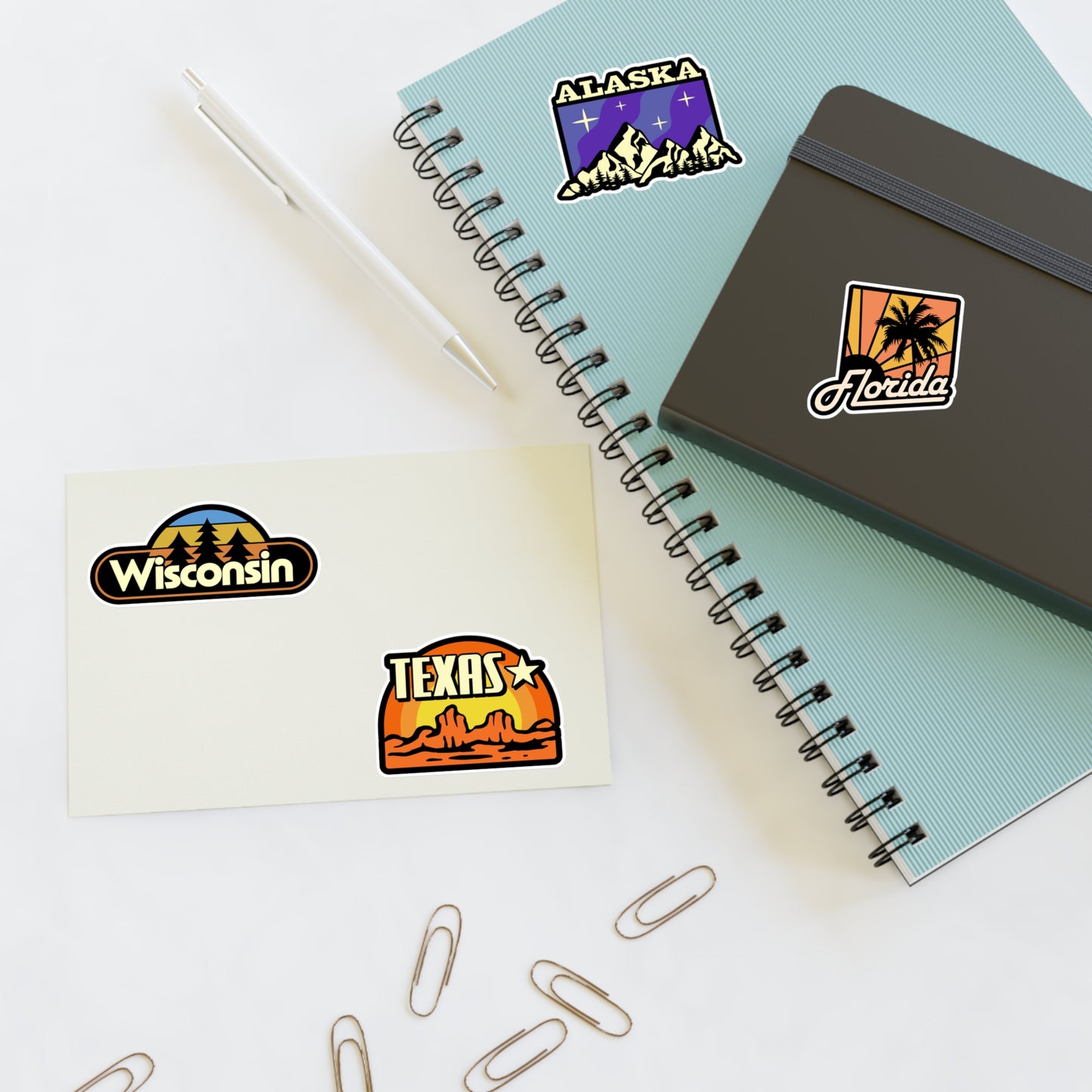 Wisconsin, Alaska, Florida, Texas Retro Stickers