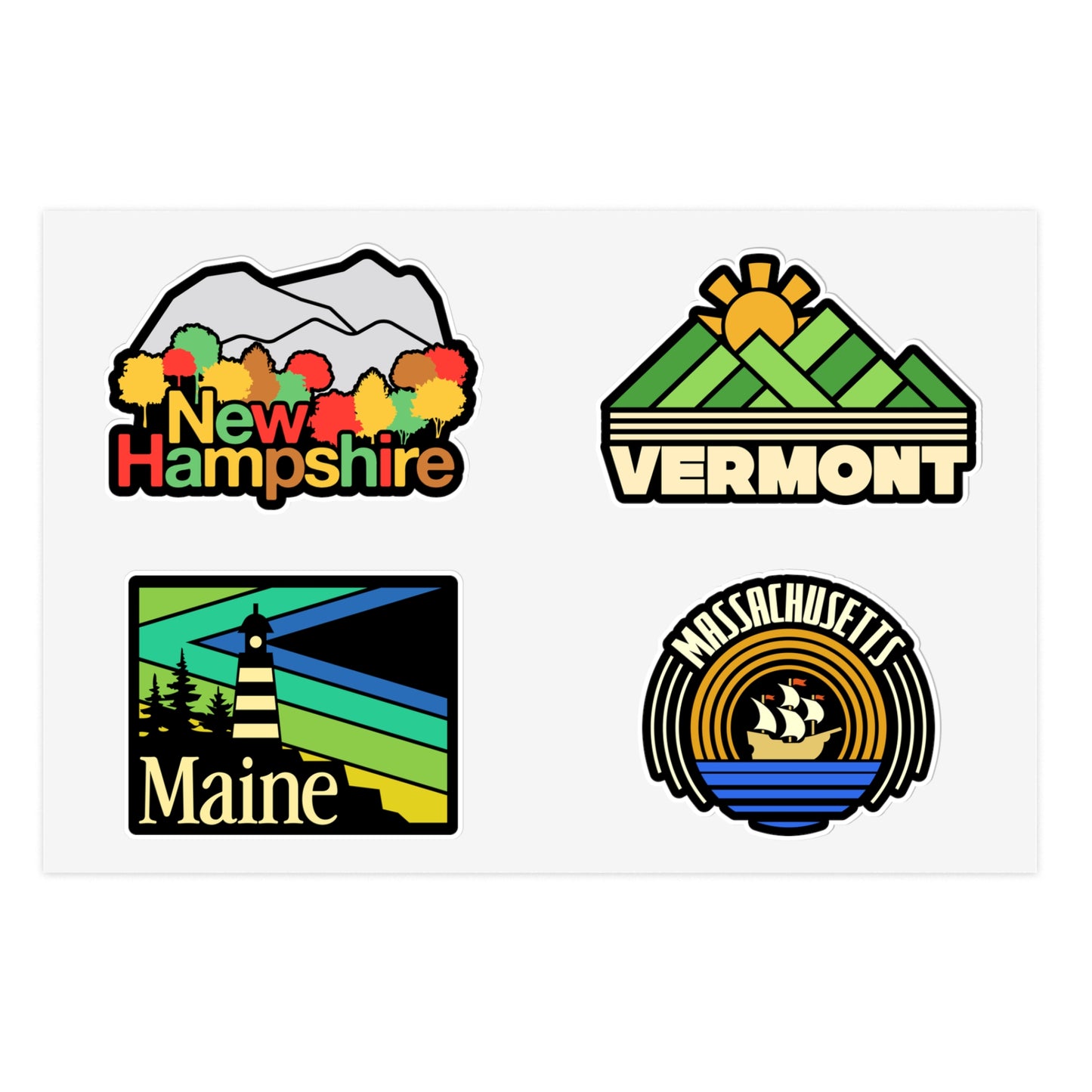 New Hampshire, Vermont, Maine, Massachusetts Retro Stickers