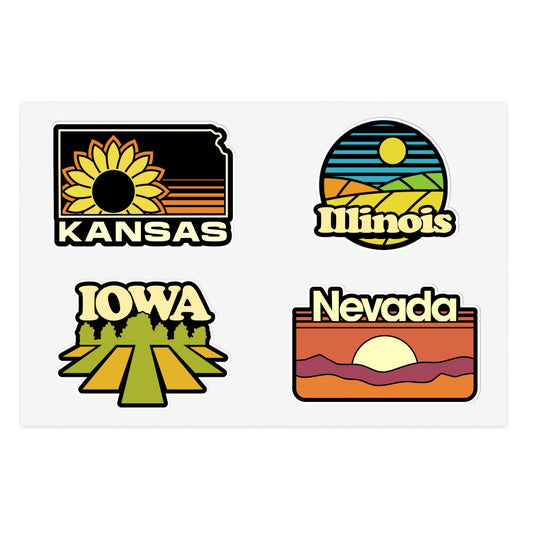 Kansas, Illinois, Iowa, Nevada Retro Stickers