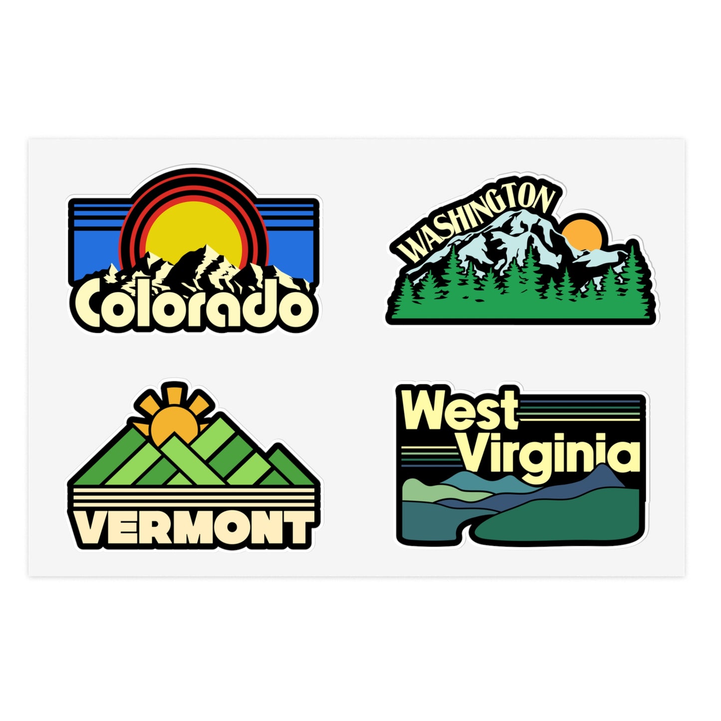 Colorado, Washington, Vermont, West Virginia Retro Stickers